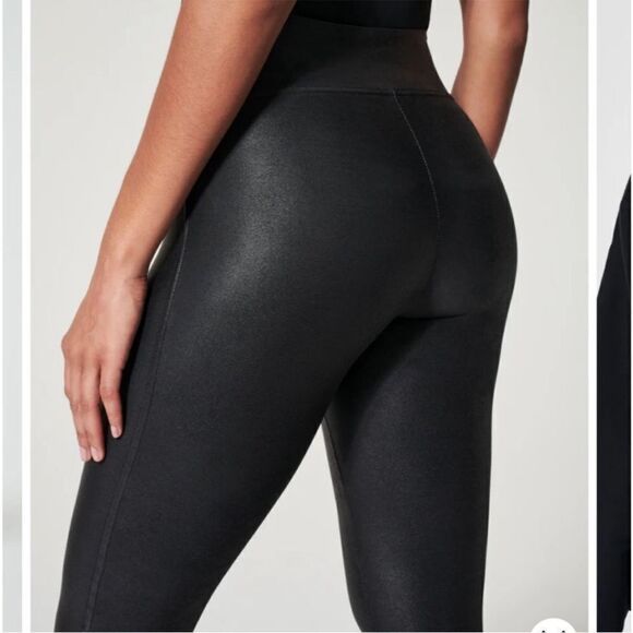 EXCELLENT CONDITION WOMEN’S MEDIUM SPANX BLACK FAUX LEATHER HI-WAISTED LEGGINGS - Picture 3 of 10